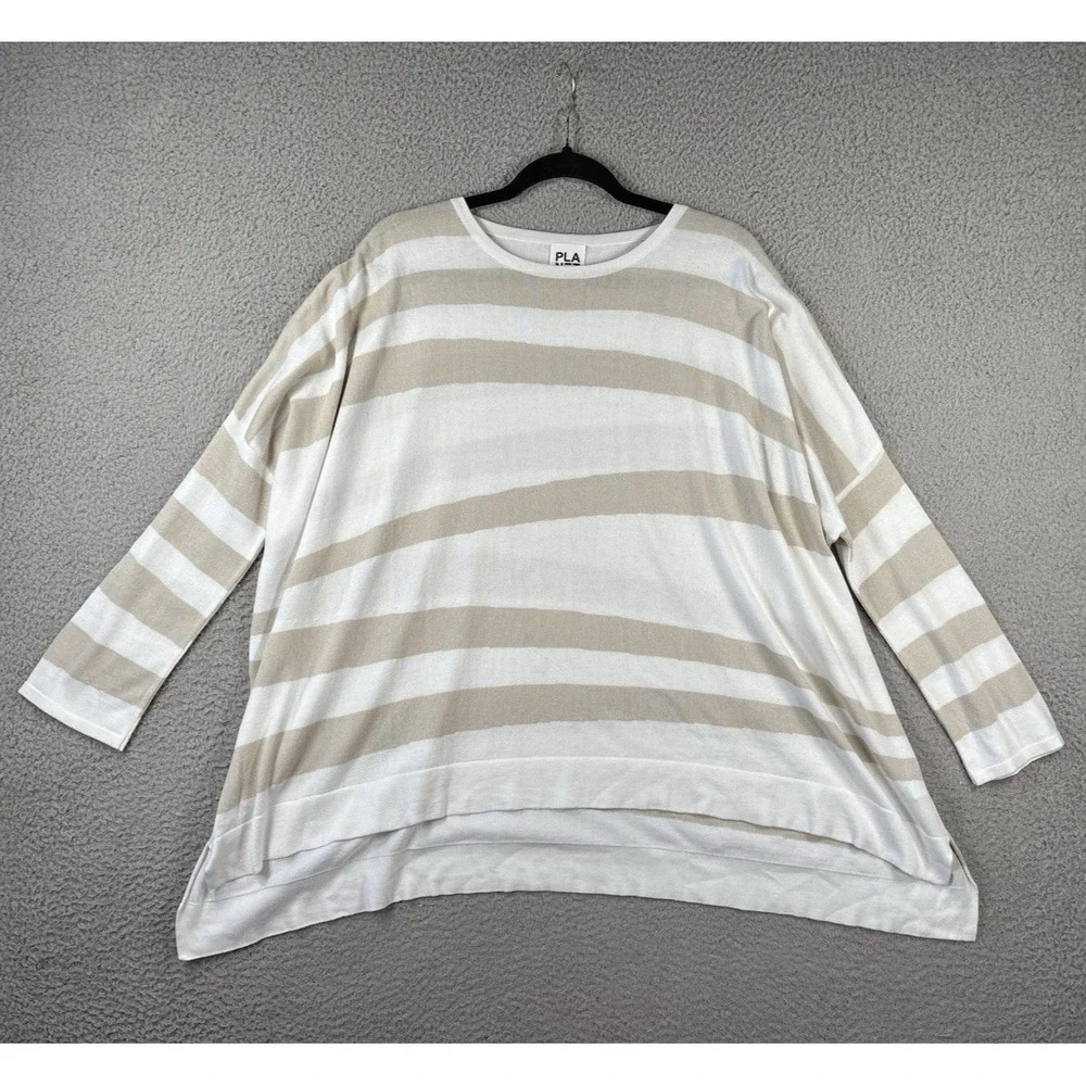 Planet Lauren G Sweater Womens One Size Asymmetrical Tan‎ Stripes Knit Top Boxy